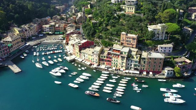 Portofino fishing town Italy aerial view tilt shot .