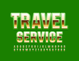 Vector bright Emblem Travel Service. Golden and Green shiny Font. Glossy Alphabet Letters and Numbers