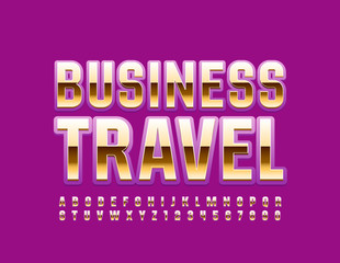 Fototapeta na wymiar Vector chic banner Business Travel. Gold and Violet Alphabet Letters and Numbers. Shiny Luxury Font