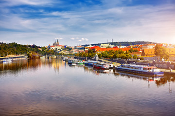 Scenic sunrise aerial view of the Old Town pier architecture over Vltava river in Prague, Czech Republic