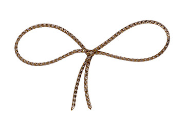 Gift bows. Closeup of a gold white rope bow isolated on a white background. Macro photograph.