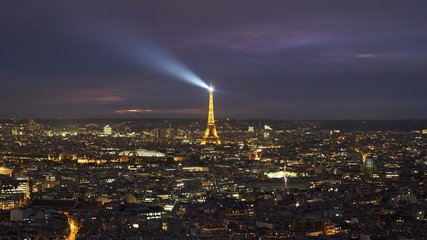 Aerial panoramic view of a Paris, night city, France.