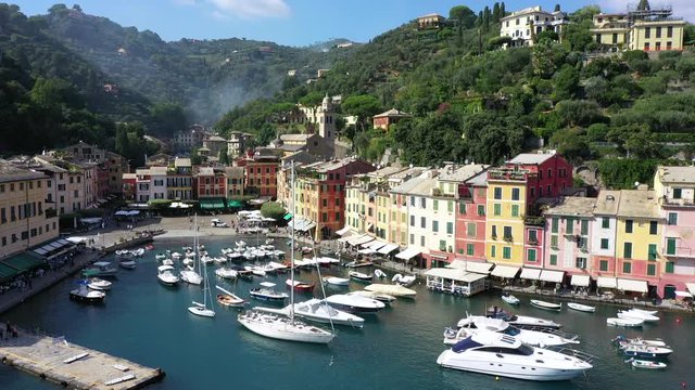 Portofino harbour Italy aerial view zoom out