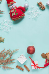 Christmas flat lay top view, gifts in different wrappers boxes on a neo munt background, festive decor copy space.