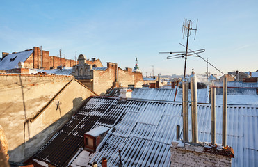 Snow-covered roofs of old houses Lviv ,Ukraine