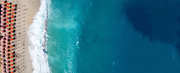 Aerial drone ultra wide panoramic photo of tropical exotic seascape in Indian ocean island with turquoise beautiful sea