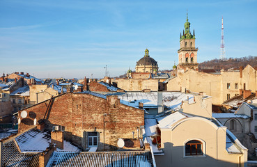 Beautiful snow-covered panorama of houses Lviv ,Ukraine