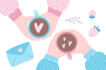 Valentine's day greeting card . Female and male hands offering cup of coffee with love. Flat hand drawn vector illustration