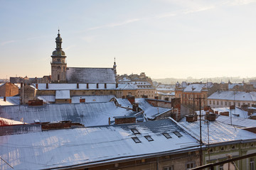snow-covered winter town at sunset Lviv ,Ukraine