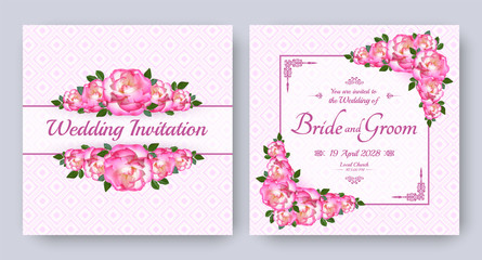 Wedding invitation with flowers of realistic pink rose. Floral vector card set for bridal shower, save the date and other marriage celebration. Spring motive.