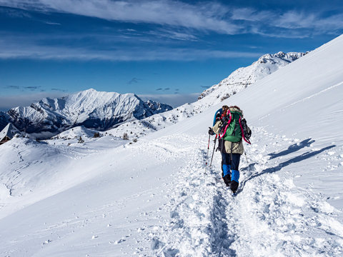 Mountaineering scene in the alps during winter