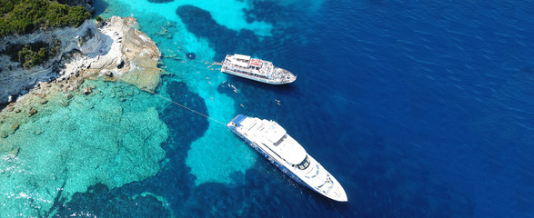 Aerial drone ultra wide panoramic photo of tropical exotic seascape in Indian ocean island with turquoise beautiful sea