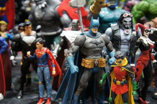 KUALA LUMPUR, MALAYSIA -MARCH 31, 2018: Fictional character of Batman from DC movies and comic. Batman action figure toys in various sizes display for the public.