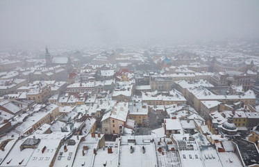 Panoramic view of the city center in winter Lviv , Ukraine