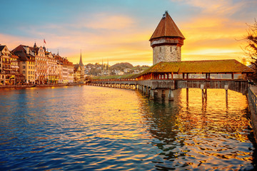 Lucerne, Switzerland, historical Old town on sunrise