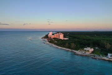Coast line of island Cozumel with beach front hotels and turquoise blue ocean