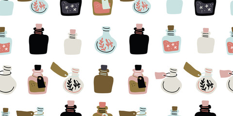 Seamless pattern - colorful magic potion bottles 
