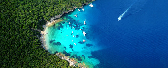 Aerial drone ultra wide panoramic photo of tropical exotic seascape in Mediterranean Greek Ionian island of Corfu with turquoise sea