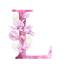 Watercolor pink and gold magnolia flowers inscribed in the letter "L" of the English alphabet. Illustration can be used for logo, blog design, wedding decoration, greeting card, magazin design