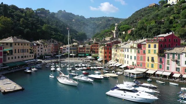 Portofino town with boats Italy aerial view 