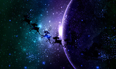 Santa Claus on the background of the space planet, vector art illustration.