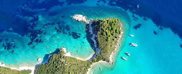 Aerial drone ultra wide panoramic photo of tropical exotic seascape in Mediterranean Greek Ionian...