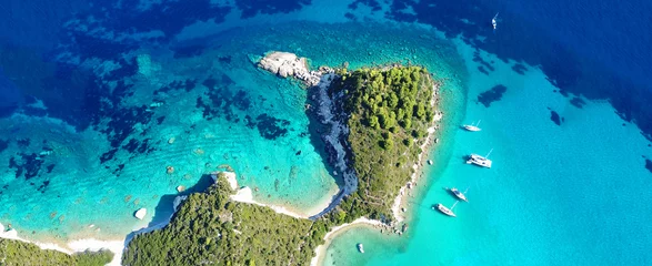 Gartenposter Aerial drone ultra wide panoramic photo of tropical exotic seascape in Mediterranean Greek Ionian island of Paxos with turquoise sea © aerial-drone