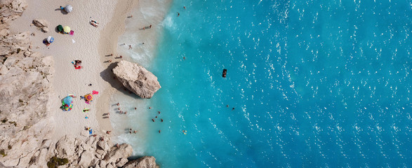 Aerial drone ultra wide panoramic photo of tropical exotic seascape in Mediterranean Greek Ionian island of Lefkada with turquoise sea