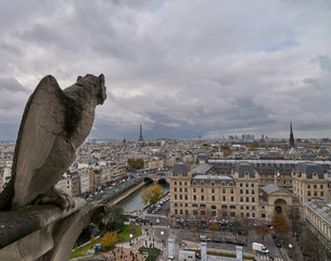 Stone gargoyle on the roof of Notre Dame Cathedral in Paris, France. Overcast weather.