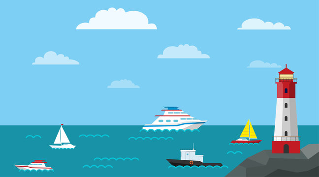 Seascape with ships and a lighthouse on a hill. Vector illustration of the sea with ships and a lighthouse.