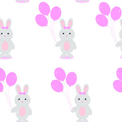 This is seamless pattern texture of rabbit and balloons on white background. Vector illustration in flat style. Easter bunny.