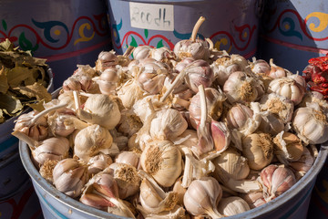 basket full of fresh garlic in marrakech