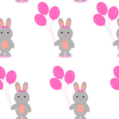This is seamless pattern texture of rabbit and balloons on white background. Vector illustration in flat style. Easter bunny.