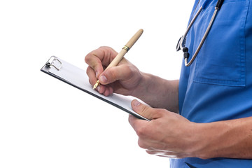 Portrait of young doctor with stethoscope and clipboard isolated on white.