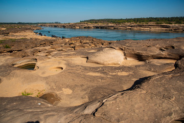 river and rock with blue sky 