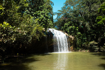 Mountain stream Waterfall Prenn, Vietnam, scenic natural swimming pool.