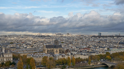 Fototapeta premium Panoramic view to the Paris and river Seine from the roof of Notre Dame cathedral, France. Cloudy weather. Autumn. 