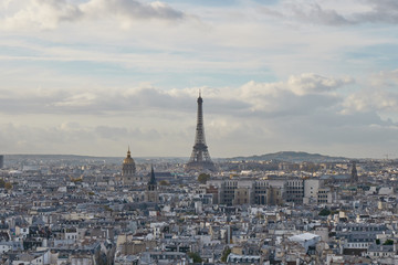 Fototapeta na wymiar Paris, Eiffel Tower, France. Cityscape. Panoramic view from the top of the Notre Dame cathedral. Overcast weather.