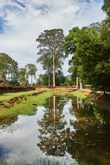 Tropical tree reflection over water pit i Prasat Banteay Srei  Temple. Unesco world heritage site (Siem Reap Province, Cambodia, Asia). World location:  The Angkor complex surrounding by rainforest.