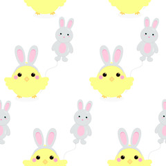 Obraz na płótnie Canvas This is seamless pattern texture of cartoon chicken and hare. Chick with balloon. Cute illustration on white background. Could be used for Easter Day, carnival decorations.