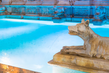 Particular of Fonte Gaia (1400s) at night in the center of Siena, Italy.