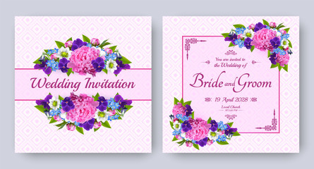 Wedding invitation with flowers of realistic pink peony, purple viola, forget-me-not on patterned background. Floral vector square card set for bridal shower, save the date, marriage, spring template