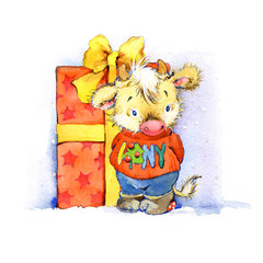 Year of the bull. Funny Cow. Merry Christmas and New Year card. hand drawn watercolor farm animal illustration.
