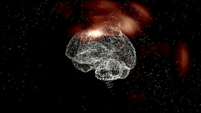 Stressed brain exploding, surrounded with flame in darkness.