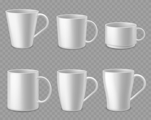 Coffee mugs. Realistic white ceramic mug mockup for espresso, cappuccino and tea, simple shape of porcelain cups, isolated 3d vector template