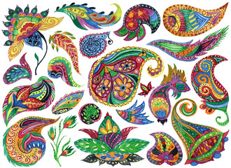 Naklejka premium Watercolor paisley set. Oriental decorative design elements for fabric, prints, wrapping paper, card, invitation, wallpaper. Hand drawn illustration 