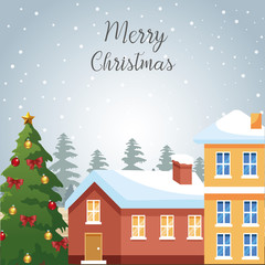 Fototapeta premium Merry christmas design with houses and christmas tree with ornaments over snowy background