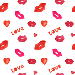 Watercolor illustration. Seamless pattern with red hearts, lips and hand drawn lettering love on white background. Illustration of love and Valentine's day.  