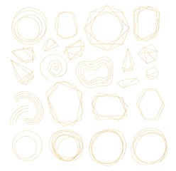 Gold Geometric Crystal Frames with Detailed Vector Foil Texture. Golden Thin Line Art or Outline Linear Polygonal Textured Frames Set. Art Deco and Modern Style. Sparkle Glitter Dust