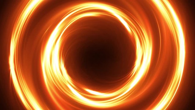 Abstract rotating neon circle in gold color. Luminous ring. Space tunnel. LED color ellipse. Seamless loop 4k 3d render. Empty hole. Glow portal. Hot ball. flickering spin.